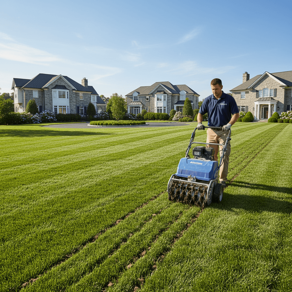Landscaper using aeration machine on lush lawn in upscale Connecticut neighborhood.